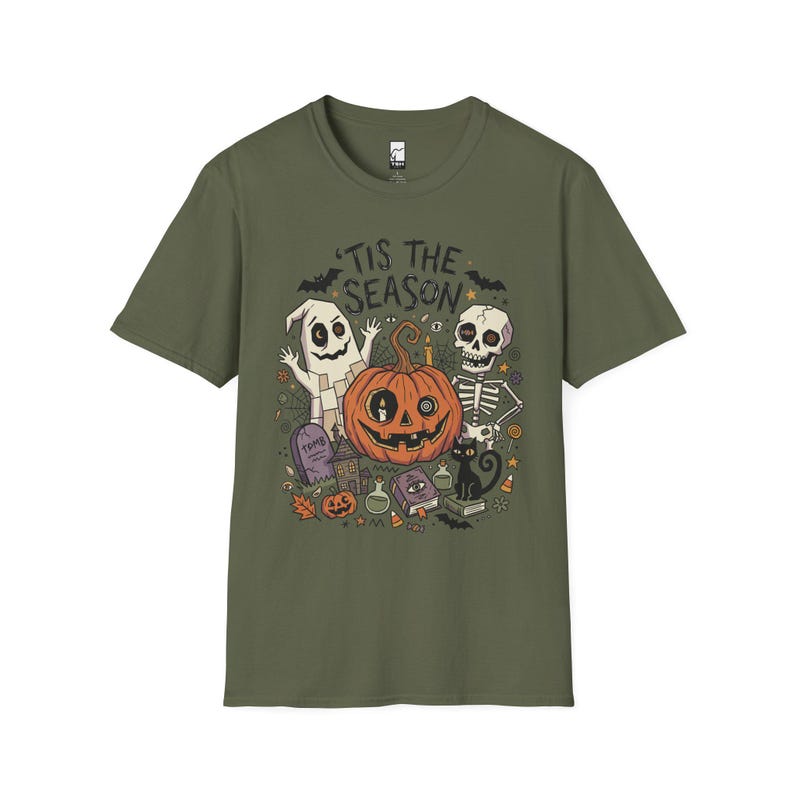 Tis The Season Halloween Shirt | Spooky Ghost T Shirt | Cute Pumpkin Graphic Tee | Retro Horror Fall Top | Gothic Cat Clothes | Unisex Gift Military Green