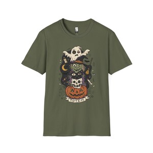 Halloween Witch Shirt | Black Cat Ghost Tee | Jack O Lantern Graphic Tee | Creepy Skull T Shirt | Retro Spooky Season Tee | Unisex Gift Military Green