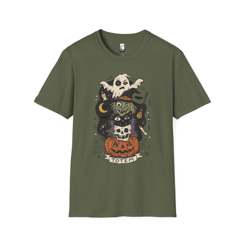 Halloween Witch Shirt | Black Cat Ghost Tee | Jack O Lantern Graphic Tee | Creepy Skull T Shirt | Retro Spooky Season Tee | Unisex Gift Military Green
