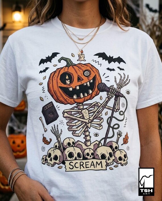 Scream Skeleton Halloween Shirt | Pumpkin Rocker T Shirt | Metal Horror Tee | Retro Fall Concert Top | Gothic Rock Clothes | Unisex Gift