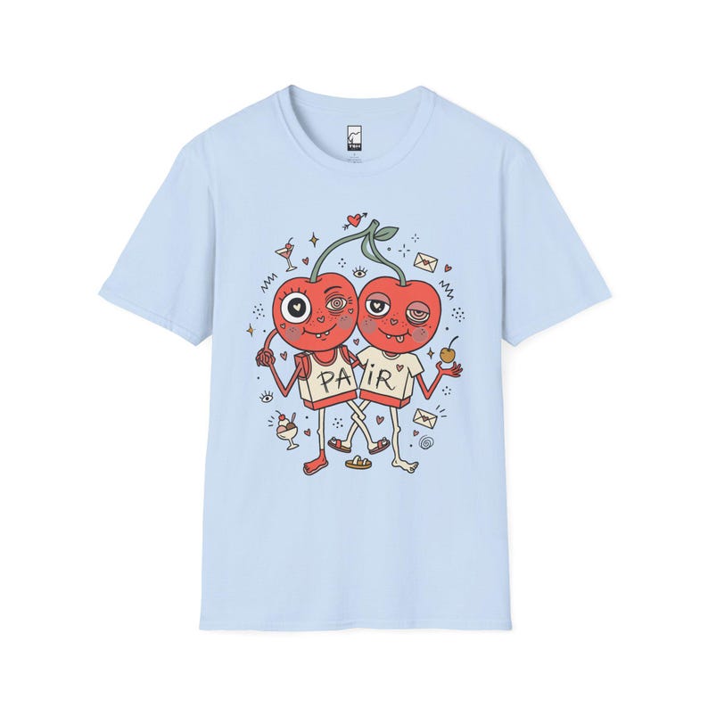 Cherry Pair T-Shirt | Quirky Couple Matching Graphic Tee, Valentine Anniversary Gift Light Blue
