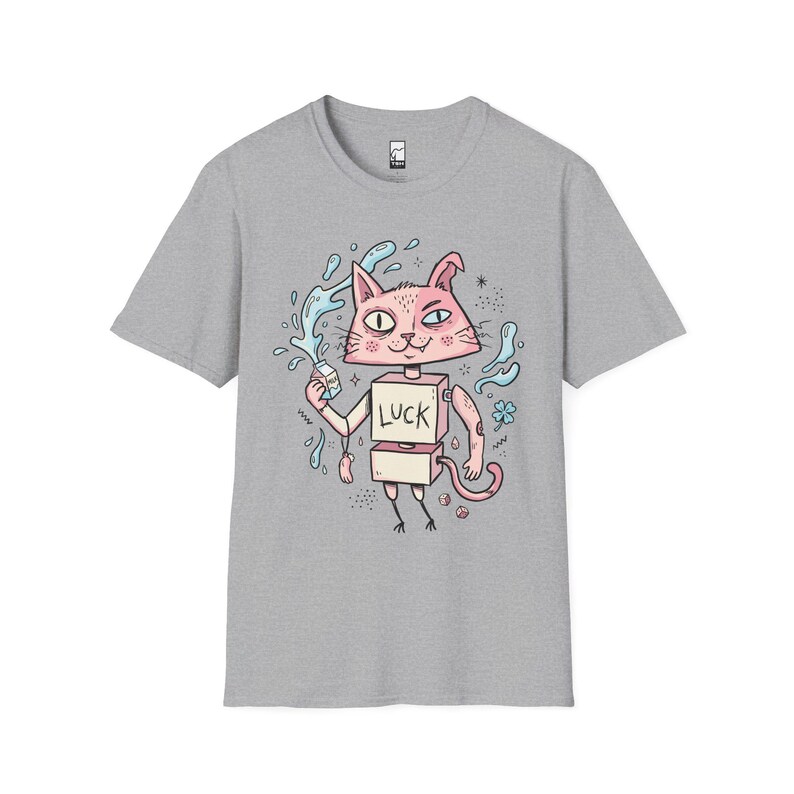 Maglietta con gatto robot surreale / Maglietta grafica con gatto rosa portafortuna, maglietta indie lowbrow art Sport Grey