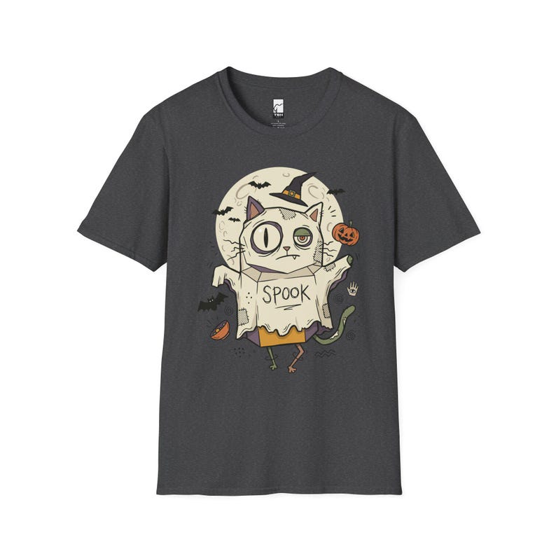 Halloween Cat Ghost Shirt | Funny Witch Cat Tee | Spooky Season Graphic T Shirt | Trick or Treat Costume Top | Cat Mom Gift | Fall Tee Dark Heather