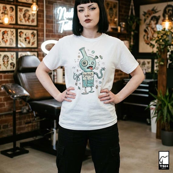 May include: White t-shirt featuring a cartoon illustration of a blue bong character with the word "BUBBLE" on the front. The design includes a tongue sticking out and a whimsical, extraterrestrial theme. The shirt is worn by a person with black hair and black pants.