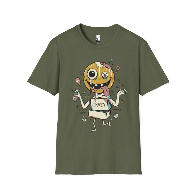Crazy Drip Smiley T-Shirt | Weirdcore Streetwear Graphic Tee, Y2K Grunge Unisex Shirt Military Green