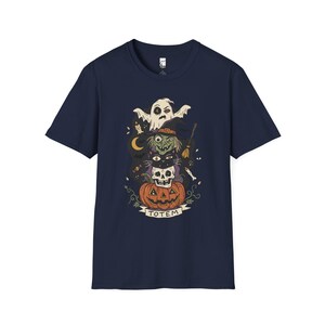 Halloween Witch Shirt | Black Cat Ghost Tee | Jack O Lantern Graphic Tee | Creepy Skull T Shirt | Retro Spooky Season Tee | Unisex Gift Navy