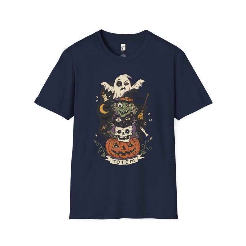 Halloween Witch Shirt | Black Cat Ghost Tee | Jack O Lantern Graphic Tee | Creepy Skull T Shirt | Retro Spooky Season Tee | Unisex Gift Navy