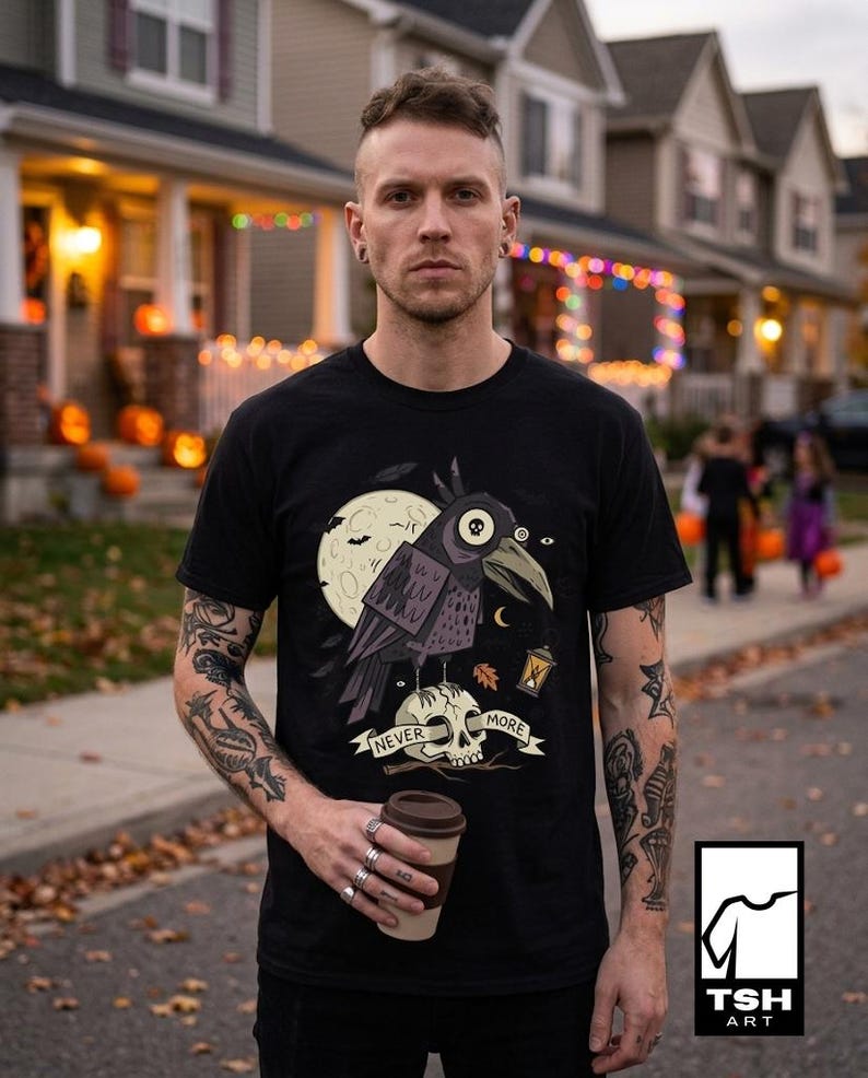 Halloween Raven Skull Shirt | Gothic Crow Graphic Tee | Full Moon T Shirt | Dark Academia Tattoo Flash Top | Spooky Season Fall Gift Tee
