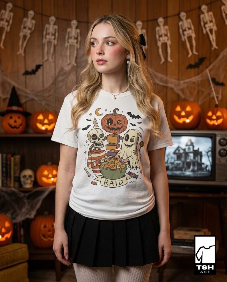 Vintage Halloween Shirt | Skeleton Ghost T Shirt | Spooky Candy Bowl Tee | Pumpkin Trick Or Treat Tee | Retro Spooky Tee | Unisex Gift