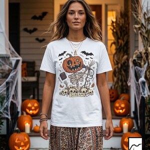 Scream Skeleton Halloween Shirt | Pumpkin Rocker T Shirt | Metal Horror Tee | Retro Fall Concert Top | Gothic Rock Clothes | Unisex Gift