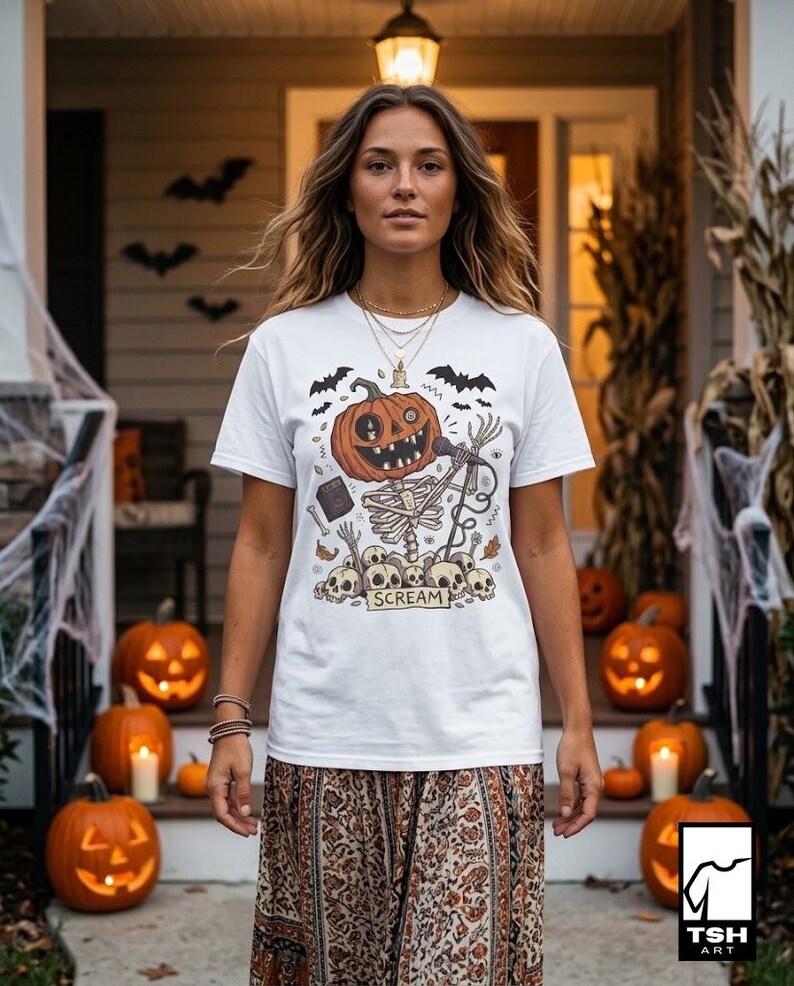 Scream Skeleton Halloween Shirt | Pumpkin Rocker T Shirt | Metal Horror Tee | Retro Fall Concert Top | Gothic Rock Clothes | Unisex Gift