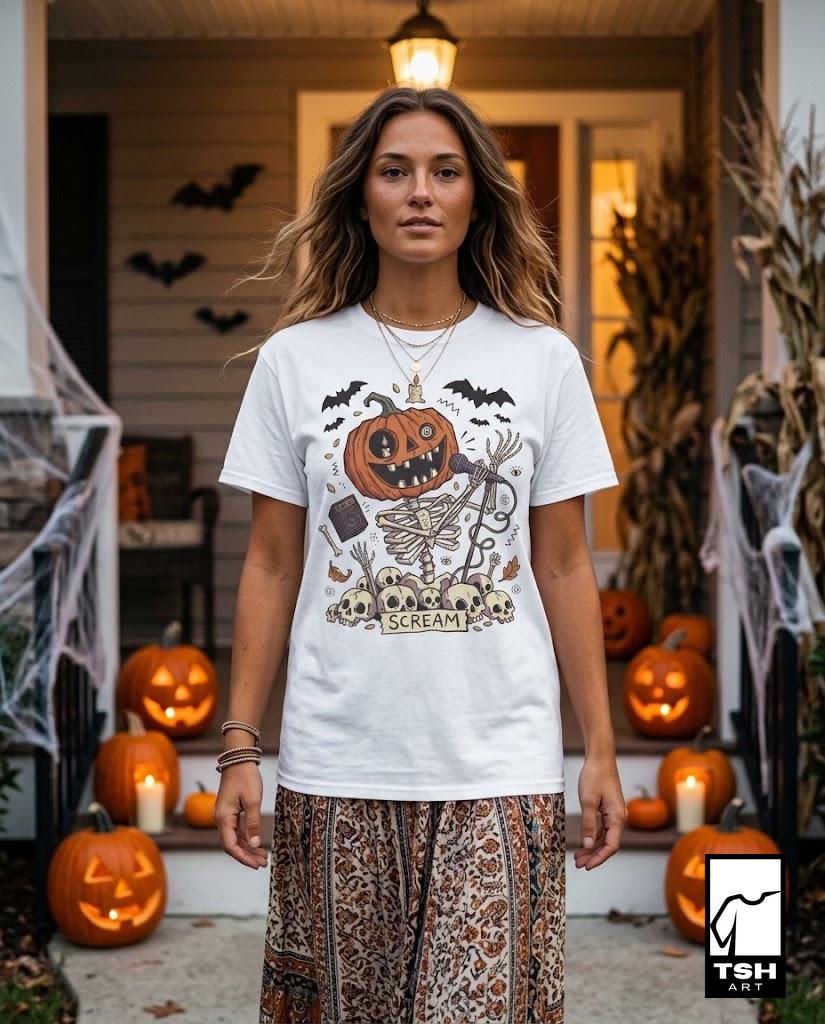 Scream Skeleton Halloween Shirt | Pumpkin Rocker T Shirt | Metal Horror Tee | Retro Fall Concert Top | Gothic Rock Clothes | Unisex Gift