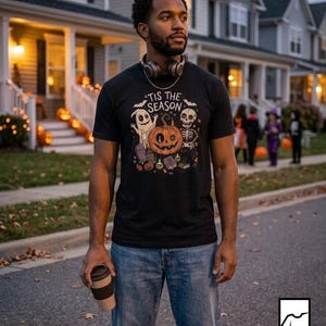 Tis The Season Halloween Shirt | Spooky Ghost T Shirt | Cute Pumpkin Graphic Tee | Retro Horror Fall Top | Gothic Cat Clothes | Unisex Gift