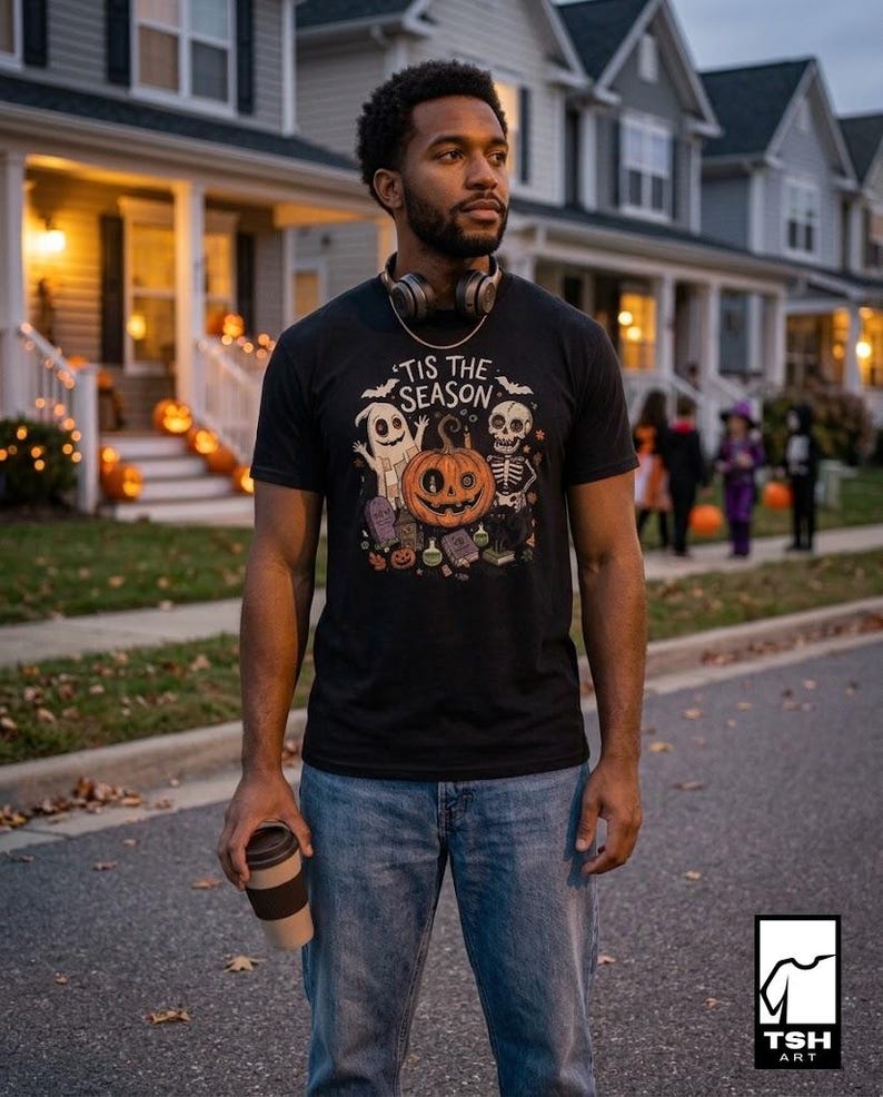 Tis The Season Halloween Shirt | Spooky Ghost T Shirt | Cute Pumpkin Graphic Tee | Retro Horror Fall Top | Gothic Cat Clothes | Unisex Gift