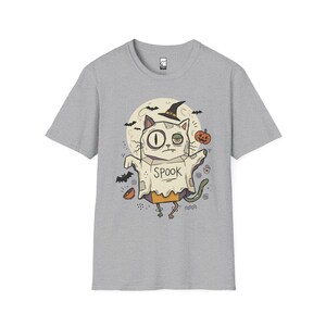 Halloween Cat Ghost Shirt | Funny Witch Cat Tee | Spooky Season Graphic T Shirt | Trick or Treat Costume Top | Cat Mom Gift | Fall Tee Sport Grey