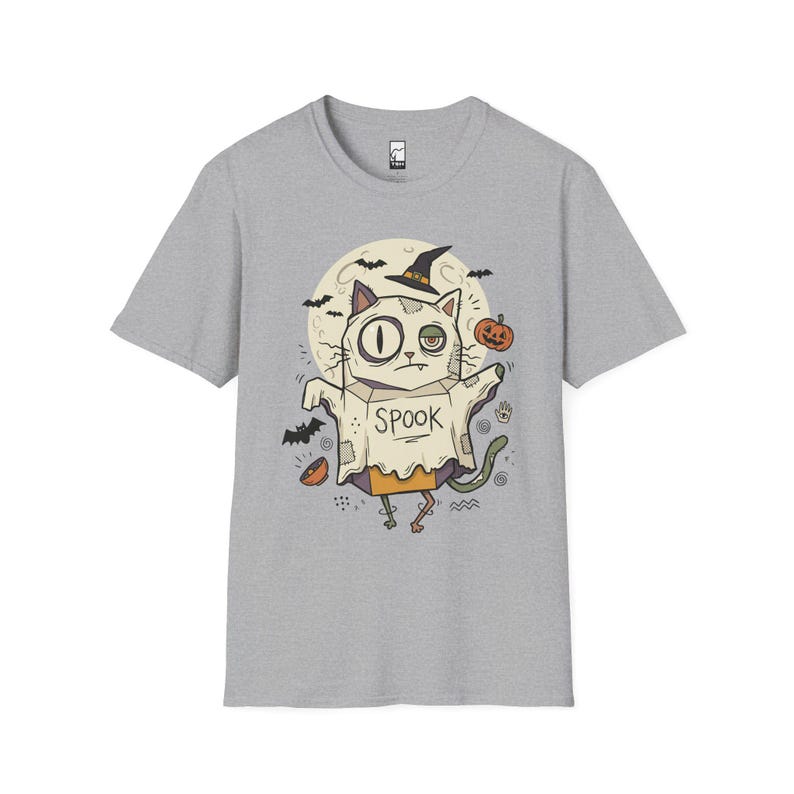 Halloween Cat Ghost Shirt | Funny Witch Cat Tee | Spooky Season Graphic T Shirt | Trick or Treat Costume Top | Cat Mom Gift | Fall Tee Sport Grey