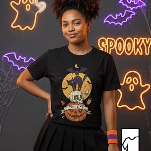 Halloween Black Cat Shirt | Skull Pumpkin Graphic Tee | Gothic Tattoo Flash T Shirt | Spooky Season Cat Lover Gift | Dark Academia Fall Top