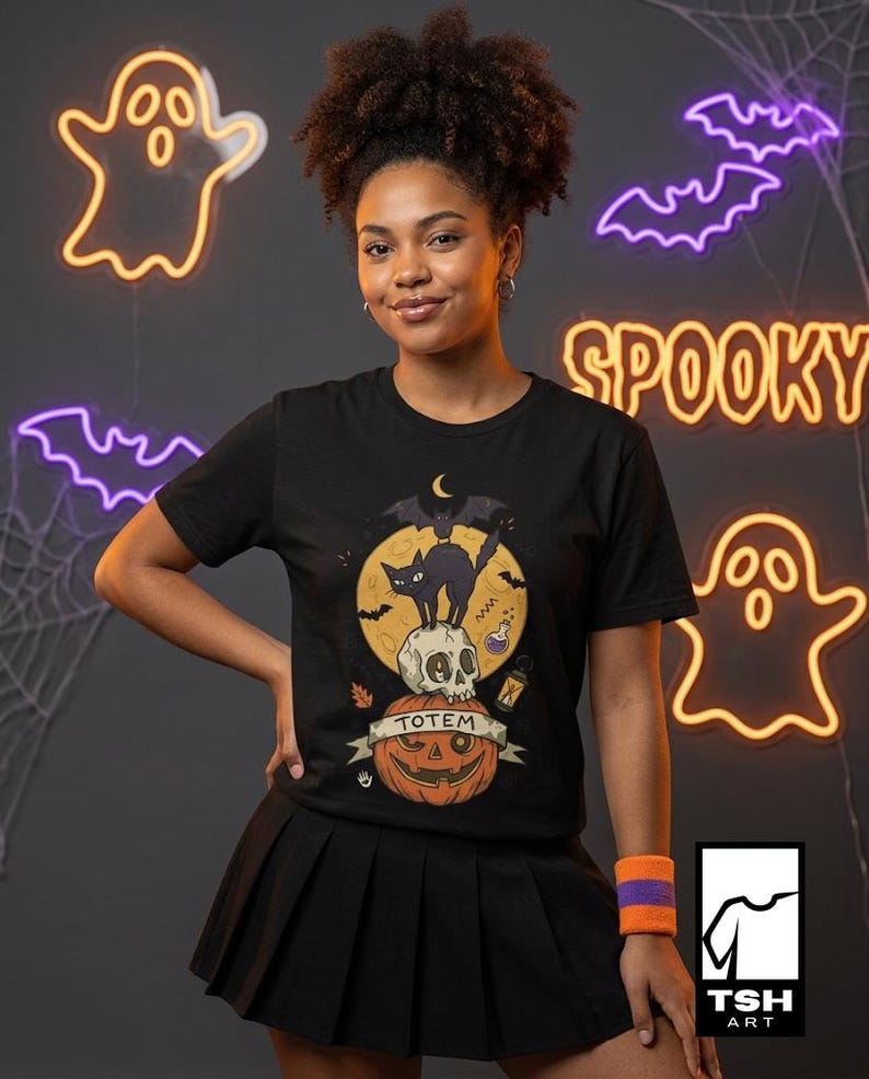 Halloween Black Cat Shirt | Skull Pumpkin Graphic Tee | Gothic Tattoo Flash T Shirt | Spooky Season Cat Lover Gift | Dark Academia Fall Top