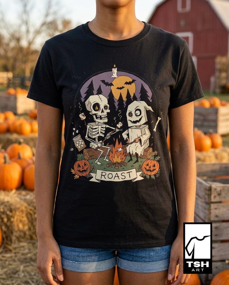 Skeleton Roast Halloween Shirt | Ghost Campfire Tee | Funny Marshmallow T Shirt | Spooky Smores Graphic Tee | Retro Fall Tee | Unisex Gift