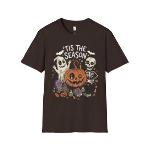 Tis The Season Halloween Shirt | Spooky Ghost T Shirt | Cute Pumpkin Graphic Tee | Retro Horror Fall Top | Gothic Cat Clothes | Unisex Gift Dark Chocolate