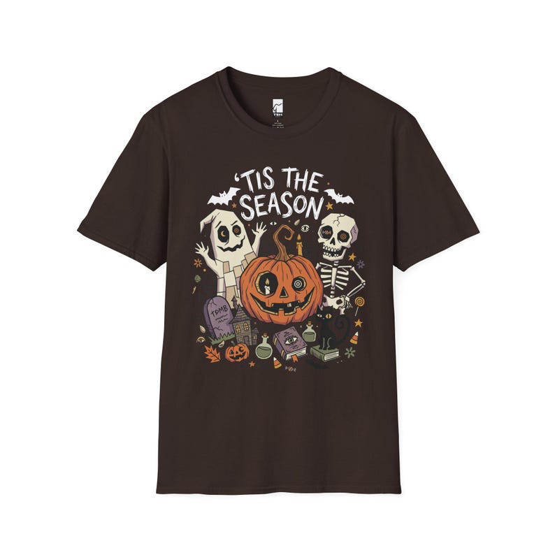 Tis The Season Halloween Shirt | Spooky Ghost T Shirt | Cute Pumpkin Graphic Tee | Retro Horror Fall Top | Gothic Cat Clothes | Unisex Gift Dark Chocolate