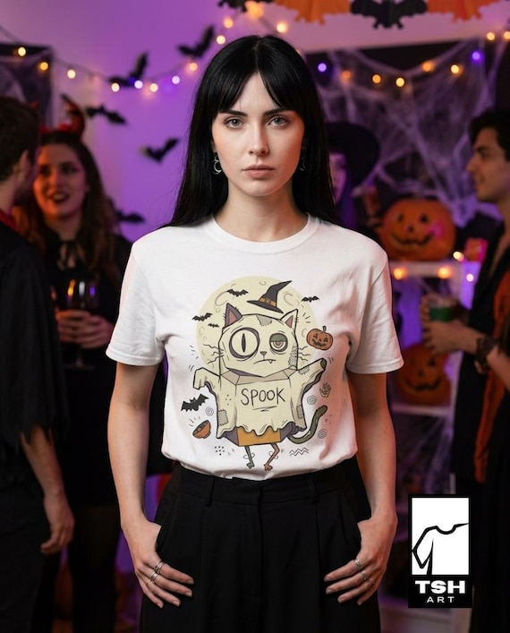 Halloween Cat Ghost Shirt | Funny Witch Cat Tee | Spooky Season Graphic T Shirt | Trick or Treat Costume Top | Cat Mom Gift | Fall Tee