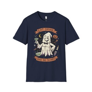 Eat Drink Ghost T-Shirt | Halloween Ghost Cocktail Tee Navy