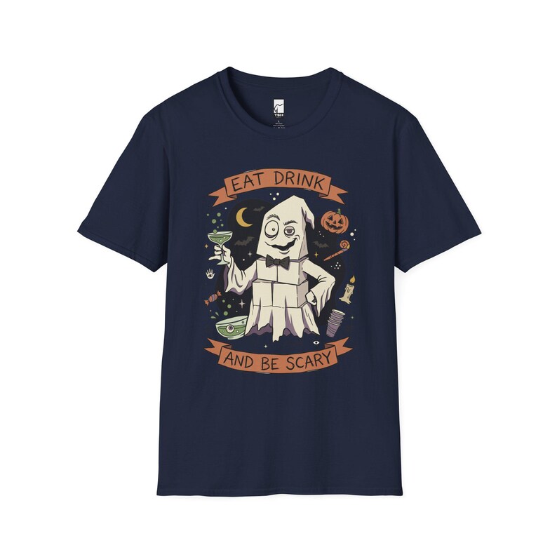 Eat Drink Ghost T-Shirt | Halloween Ghost Cocktail Tee Navy