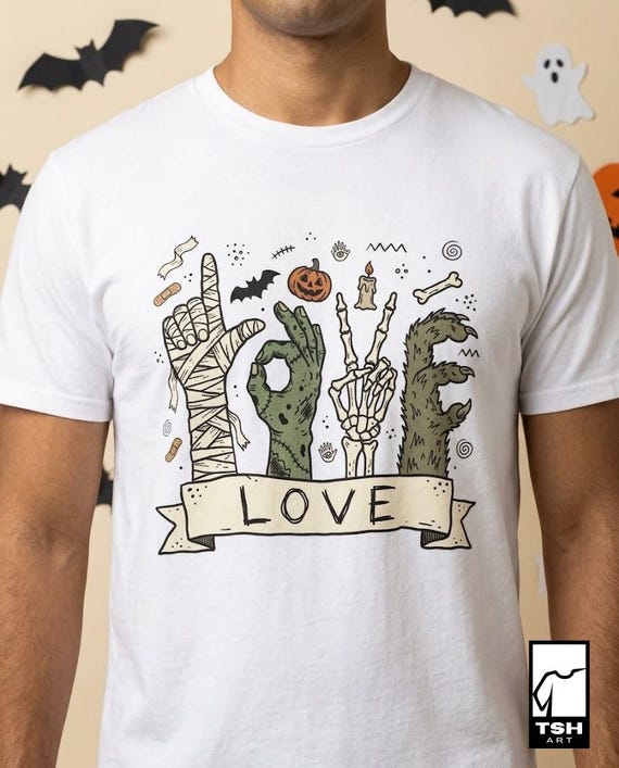 Halloween Love Shirt | Monster Hands T Shirt | Spooky Skeleton Hand Tee | Zombie Mummy Graphic Tee | Cute Creepy Fall Tee | Unisex Gift