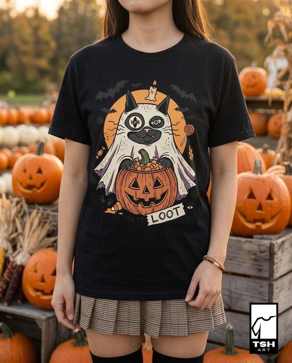 Ghost Cat Halloween Shirt | Spooky Kitten T Shirt | Cute Loot Graphic Tee | Retro Pumpkin Fall Top | Funny Cat Lover Clothes | Unisex Gift