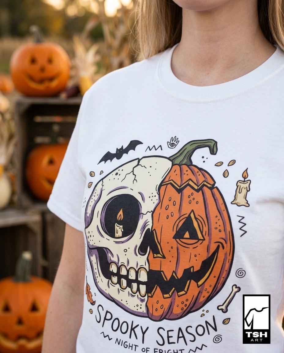 Spooky Season Halloween Shirt | Skull Pumpkin T Shirt | Retro Horror Graphic Tee | Creepy Fall Outfit | Gothic Autumn Wear | Unisex Gift