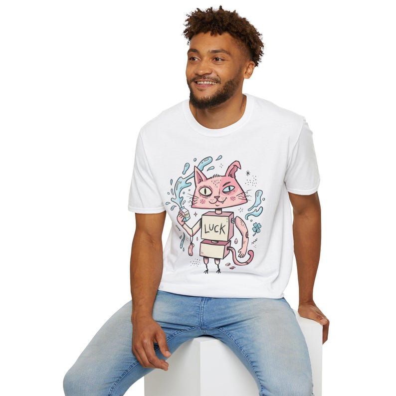 Maglietta con gatto robot surreale / Maglietta grafica con gatto rosa portafortuna, maglietta indie lowbrow art immagine 17