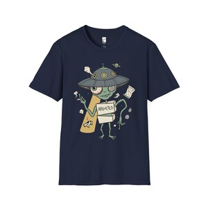 Zabawna koszulka z motywem kosmity | Koszulka z grafiką retro z motywem porwania przez UFO, koszulka z motywem spiskowym science fiction Navy