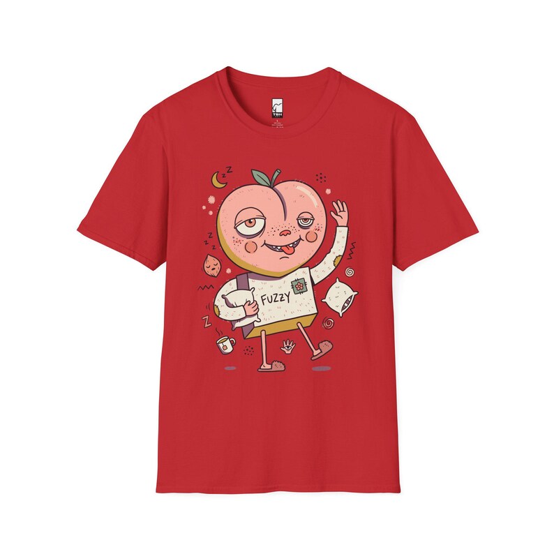 ふわふわピーチTシャツ｜のんびり朝のグラフィックTシャツ、眠そうなコーヒー好きのためのユニセックスシャツ Red