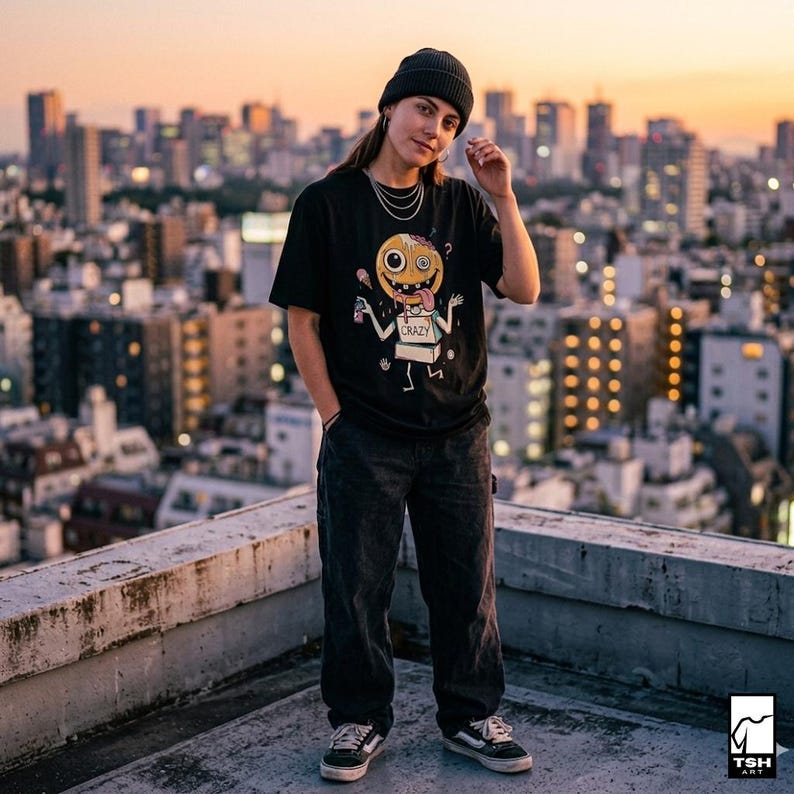 May include: Black t-shirt with a cartoon character design and the word "CRAZY" on the front. The person is wearing a black beanie, dark jeans, and trainers. The background features a cityscape at sunset.