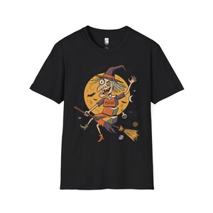 Unisex Witch T-Shirt | Retro Halloween Print | Flying Broomstick Graphic Tee | Vintage Witch T-Shirt Black