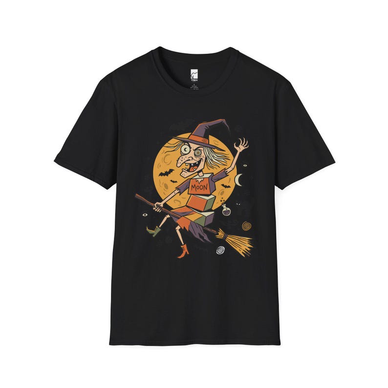 Unisex Witch T-Shirt | Retro Halloween Print | Flying Broomstick Graphic Tee | Vintage Witch T-Shirt Black