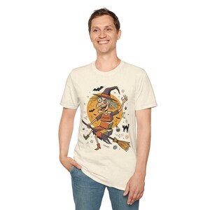 Unisex Witch T-Shirt | Retro Halloween Print | Flying Broomstick Graphic Tee | Vintage Witch T-Shirt image 19