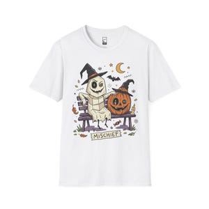 Niedliches Geister-Kürbis-Shirt | Halloween-T-Shirt mit Hexenhut | Gruseliges Grafik-T-Shirt | Herbst-T-Shirt für beste Freunde | Retro-Grusel-T-Shirt | Unisex-Geschenk White