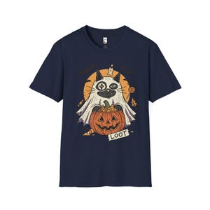 Ghost Cat Halloween Shirt | Spooky Kitten T Shirt | Cute Loot Graphic Tee | Retro Pumpkin Fall Top | Funny Cat Lover Clothes | Unisex Gift Navy