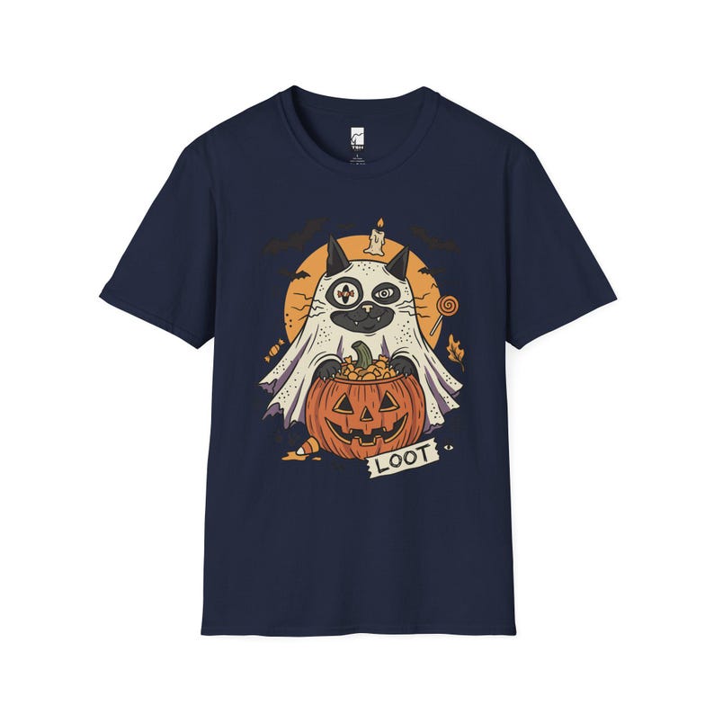 Ghost Cat Halloween Shirt | Spooky Kitten T Shirt | Cute Loot Graphic Tee | Retro Pumpkin Fall Top | Funny Cat Lover Clothes | Unisex Gift Navy