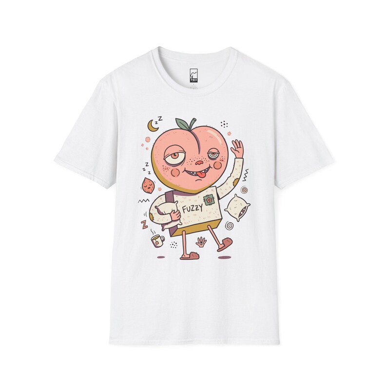 ふわふわピーチTシャツ｜のんびり朝のグラフィックTシャツ、眠そうなコーヒー好きのためのユニセックスシャツ White