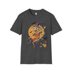 Unisex Witch T-Shirt | Retro Halloween Print | Flying Broomstick Graphic Tee | Vintage Witch T-Shirt Dark Heather
