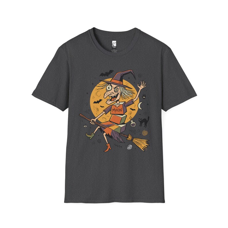 Unisex Witch T-Shirt | Retro Halloween Print | Flying Broomstick Graphic Tee | Vintage Witch T-Shirt Dark Heather