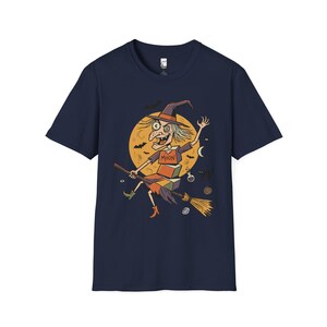 Unisex Witch T-Shirt | Retro Halloween Print | Flying Broomstick Graphic Tee | Vintage Witch T-Shirt Navy