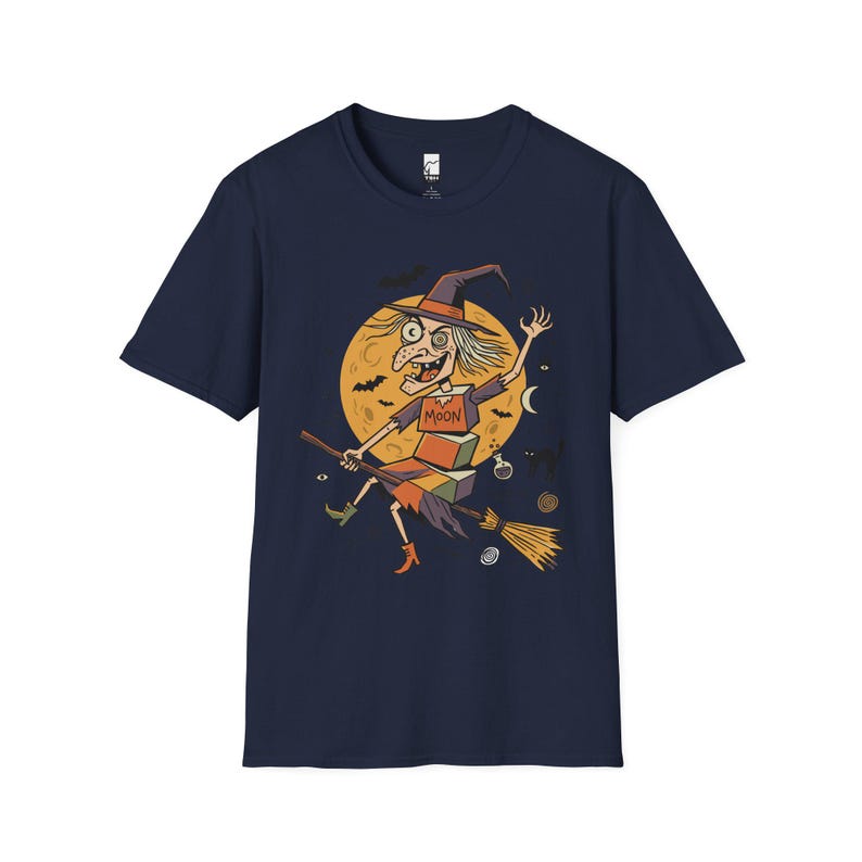 Unisex Witch T-Shirt | Retro Halloween Print | Flying Broomstick Graphic Tee | Vintage Witch T-Shirt Navy