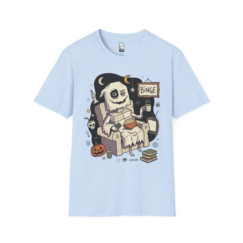 Cozy Halloween Ghost Shirt | Movie Night Graphic Tee | Spooky Season T Shirt | Autumn Binge Watching Tee | Vintage Cozy Tee | Unisex Gift Light Blue