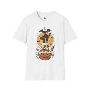 Halloween Black Cat Shirt | Skull Pumpkin Graphic Tee | Gothic Tattoo Flash T Shirt | Spooky Season Cat Lover Gift | Dark Academia Fall Top White