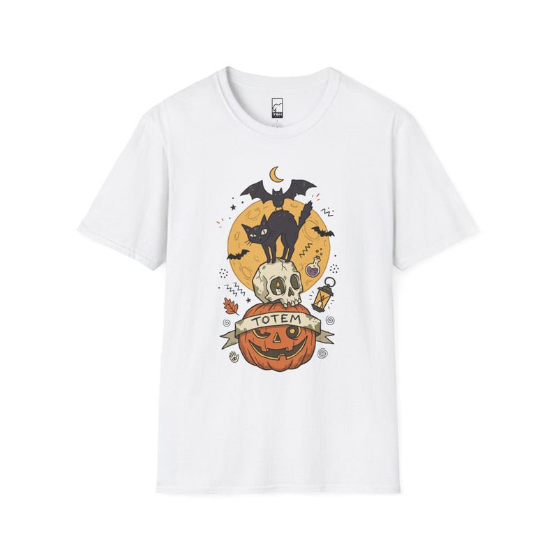 Halloween Black Cat Shirt | Skull Pumpkin Graphic Tee | Gothic Tattoo Flash T Shirt | Spooky Season Cat Lover Gift | Dark Academia Fall Top White