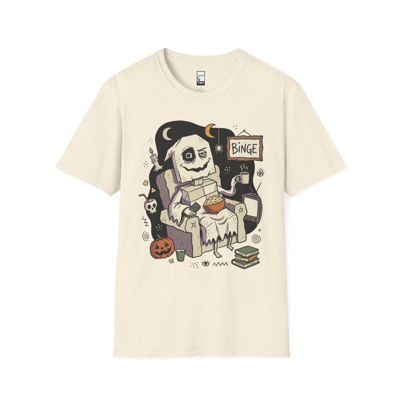 Cozy Halloween Ghost Shirt | Movie Night Graphic Tee | Spooky Season T Shirt | Autumn Binge Watching Tee | Vintage Cozy Tee | Unisex Gift Natural